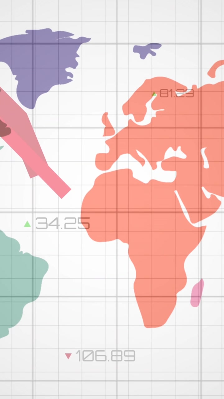 Animazione di linee rosse in elaborazione sopra una mappa del mondo su una griglia, su sfondo bianco.
