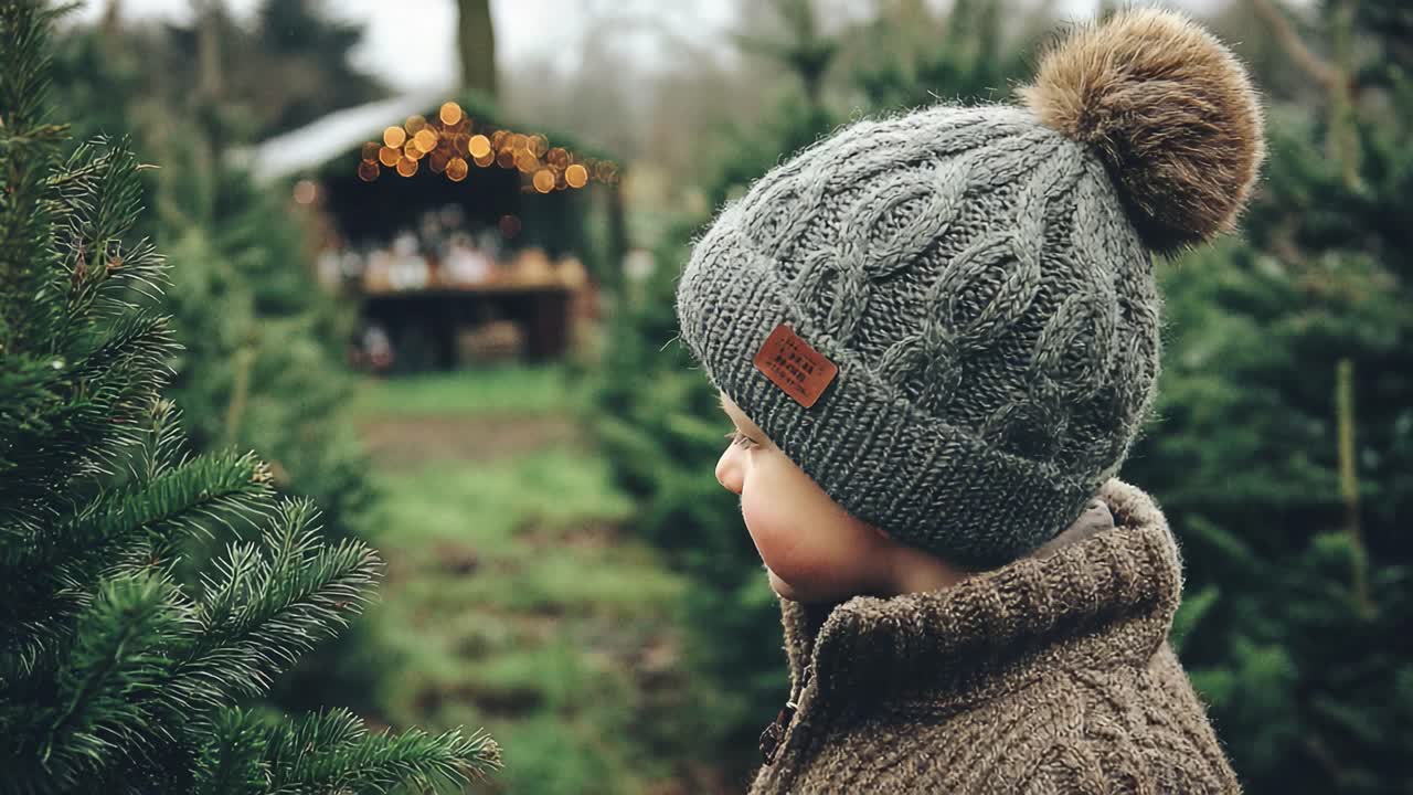 A Young Child Admiring a Scenic Christmas Tree Farm with Twinkling Lights and Festive Atmosphere in the Background, Emphasizing the Joy of the Holiday Season