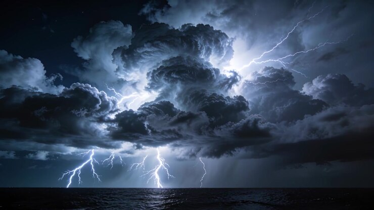 Cumulonembo carico e lampeggiante che produce fulmini nube-mare sull'oceano, illuminando l'acqua