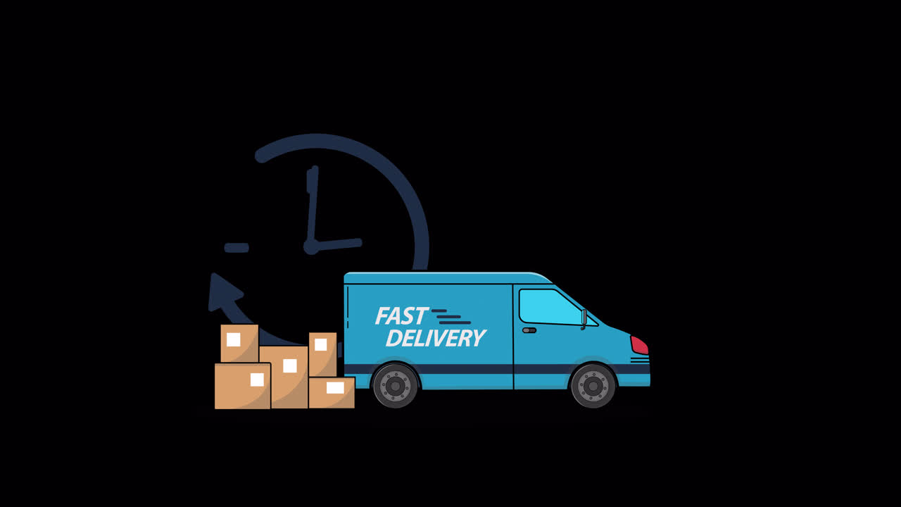 Animated Fast Delivery Van with Packages and Clock Icon