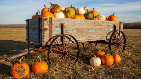 A Rustic Wooden Cart Overflowing with Colorful Pumpkins on a Beautiful Sunset Field, Capturing the Essence of Autumn Harvest and Seasonal Bounty