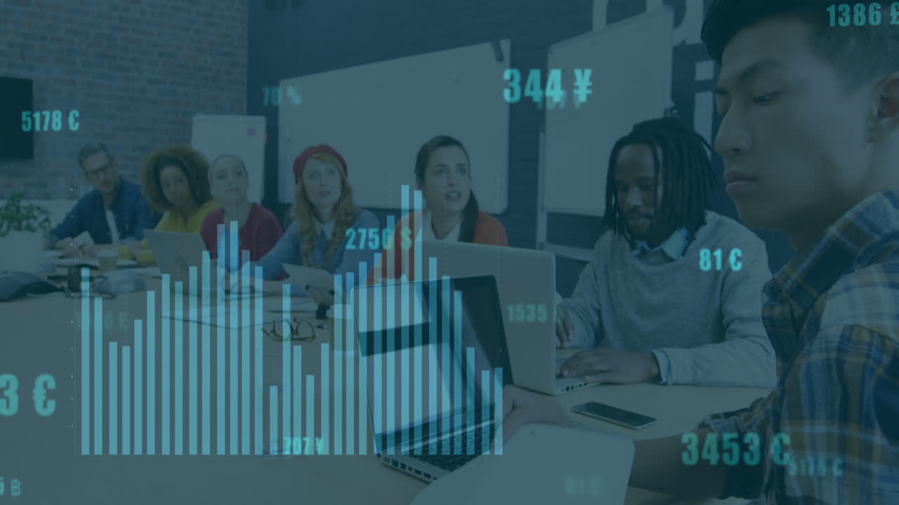 Animation of financial data processing over diverse business people in office