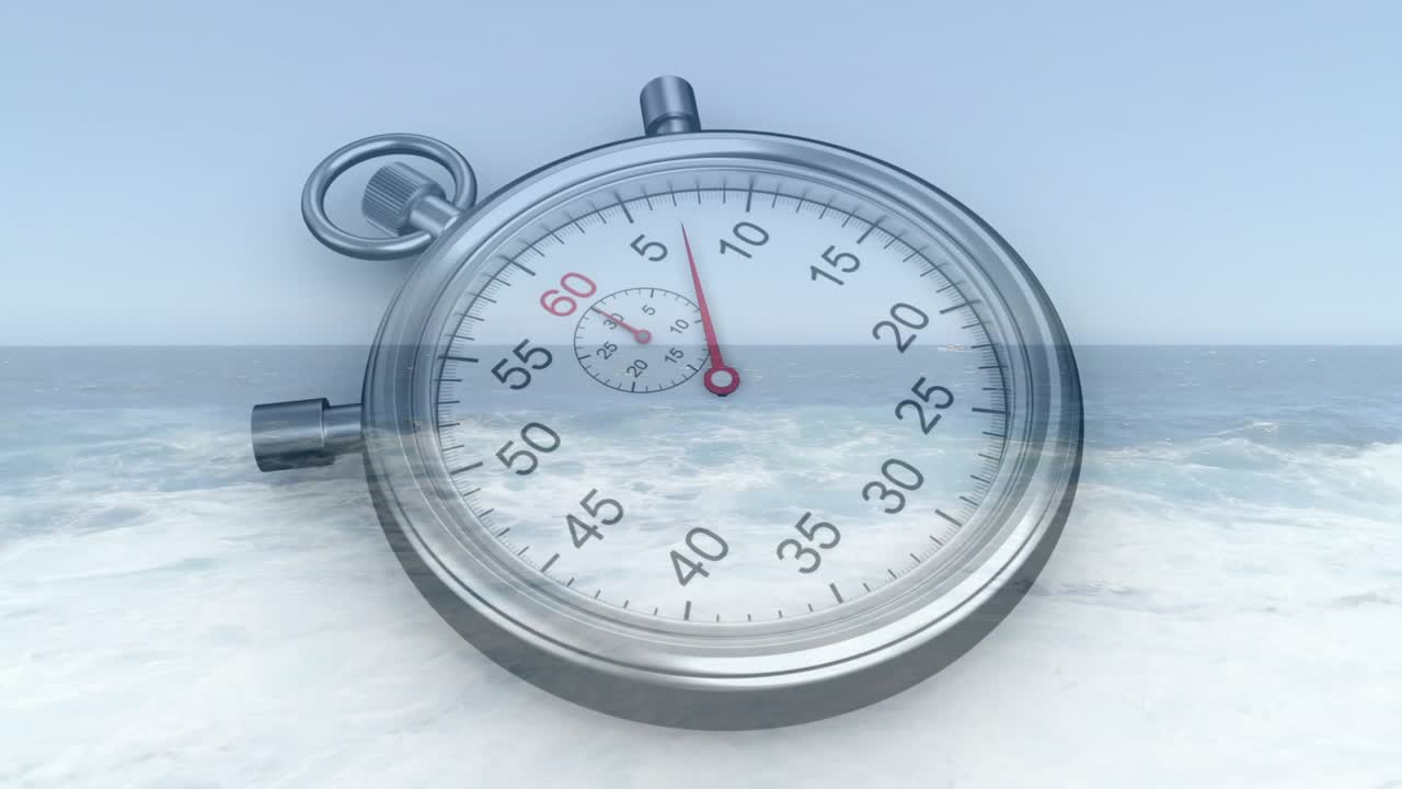 On play stopwatch centering, red hand advancing clockwise, waves crashing, showing passing time