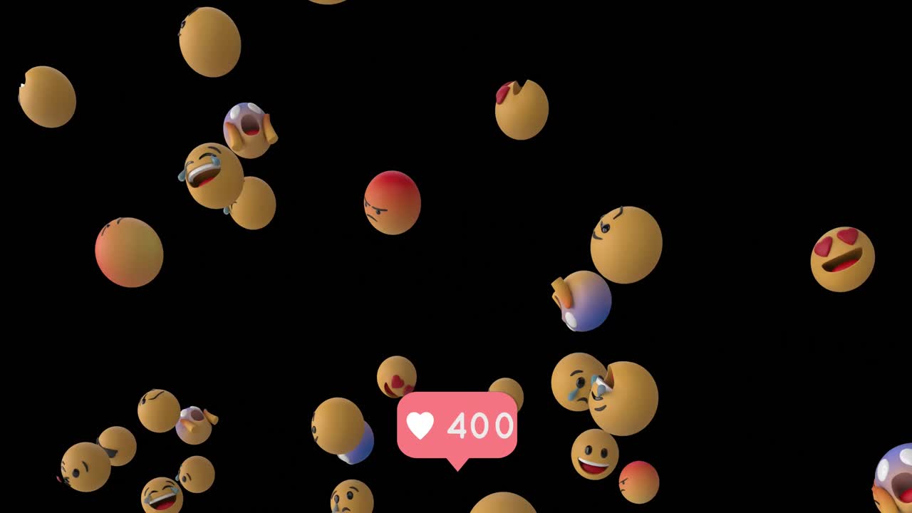 Heart icon with increasing numbers against multiple face emojis floating on black background
