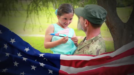 conceptual digital animation showing a child interacting with american soldier on home returning 4k