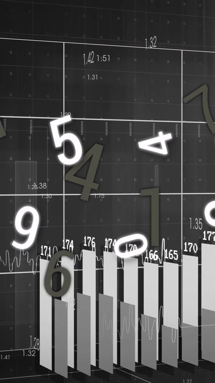 Vertical video: On load digits drifting rotating while bars rising across grid, showing data trends