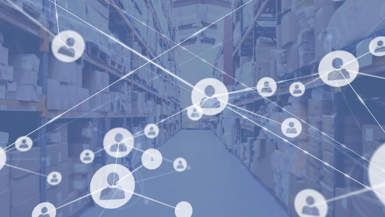 창고에 대한 사람 아이콘과의 연결 네트워크의 애니메이션