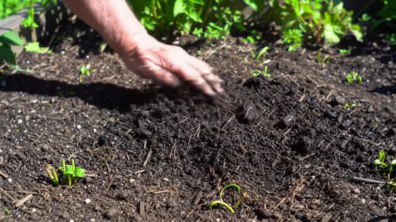 Gardening in Action: A Dedicated Hand Cultivates Rich Soil, Preparing for New Seedlings Amidst Vibrant Greenery in a Flourishing Garden Setting