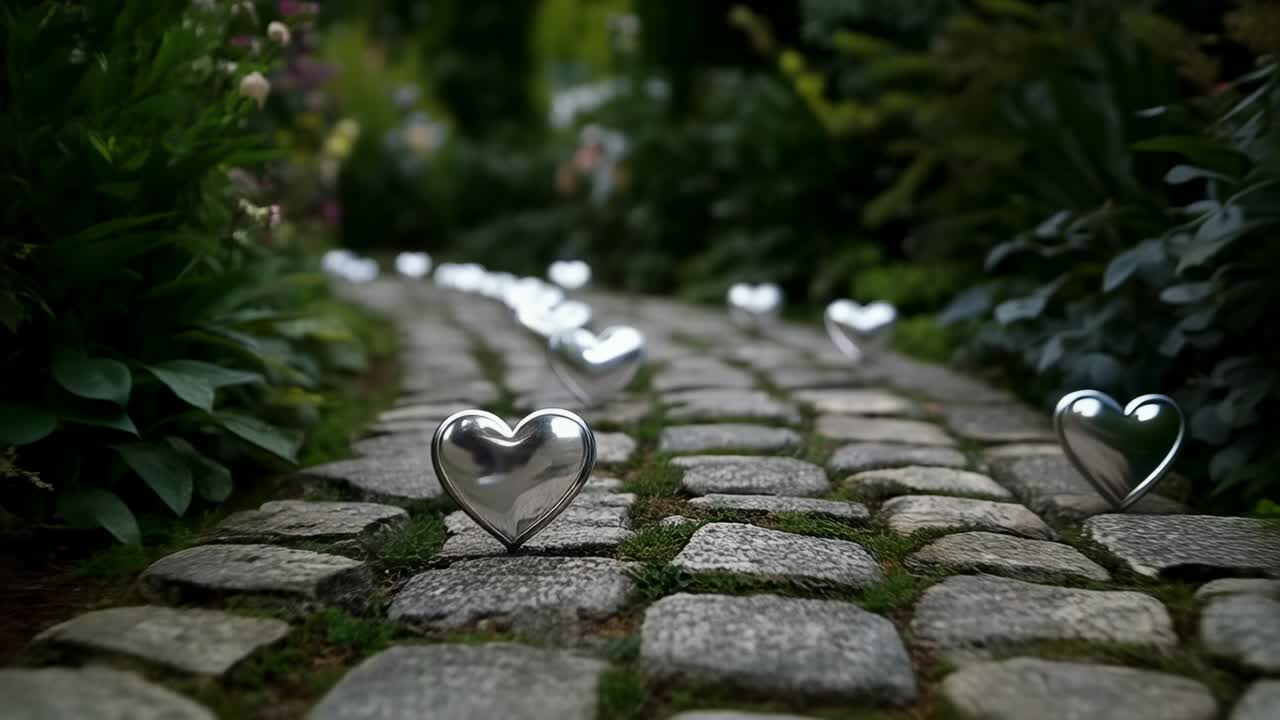 Rolling silver heart approaching lens along mossy garden cobbles amid hearts, camera pulling focus