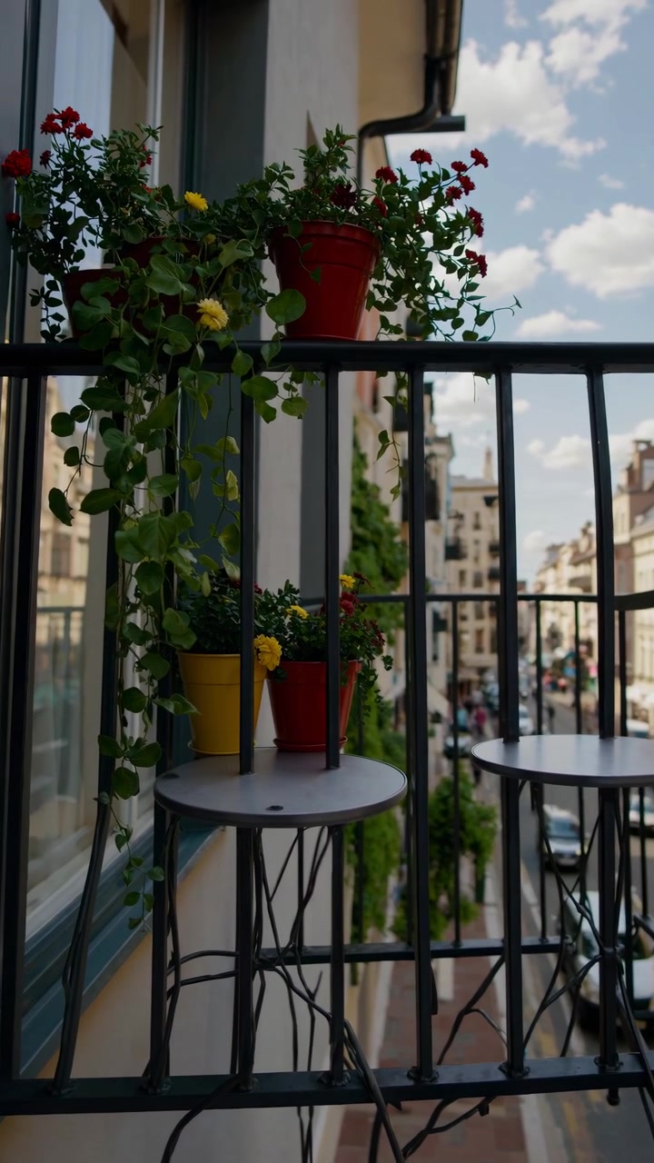 Fiori in vaso su un balcone che si affaccia su una strada cittadina