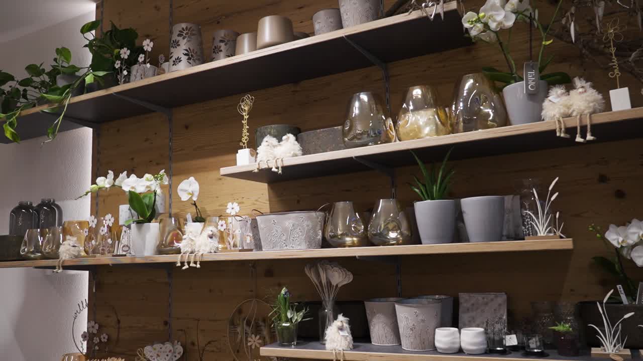 Shelves with plants, vases, and decorative ornaments in flower shop
