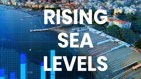 animation of rising sea levels over financial graph and seascape