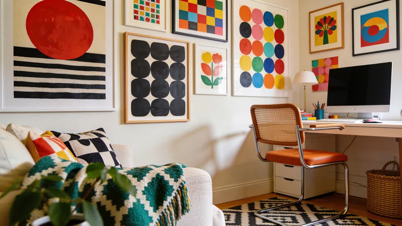 Kamera trekker seg tilbake og panorerer, avslører hjemmekontor med hvit sofa, geometrisk pledd, med plass til tekst.