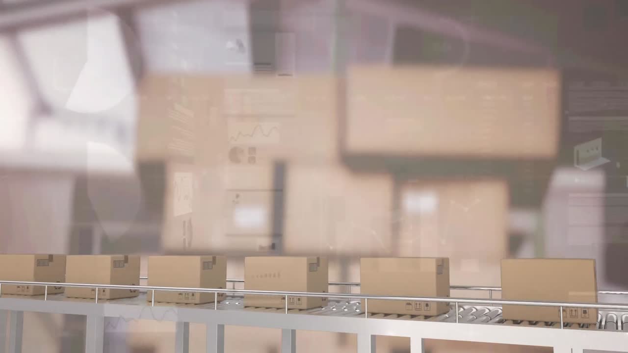 animación del procesamiento de datos financieros sobre cajas de cartón en cinta transportadora