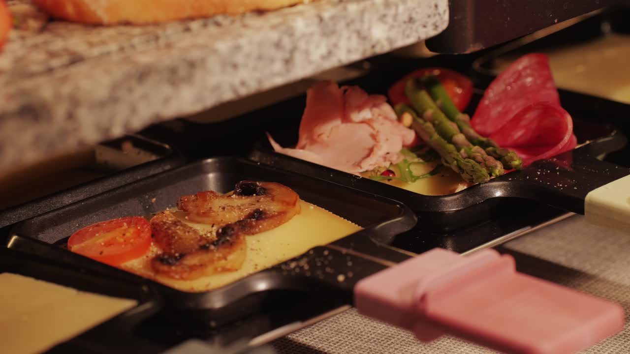 Italian or Spanish restaurant with traditional tapas food, Spanish cuisine, delicious tapas and cheese plate, bruschetta with cheese, olives dry tomatoes and tasty sandwich bar appetizer, buffet