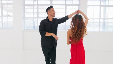 ballroom, dance and salsa with couple in studio