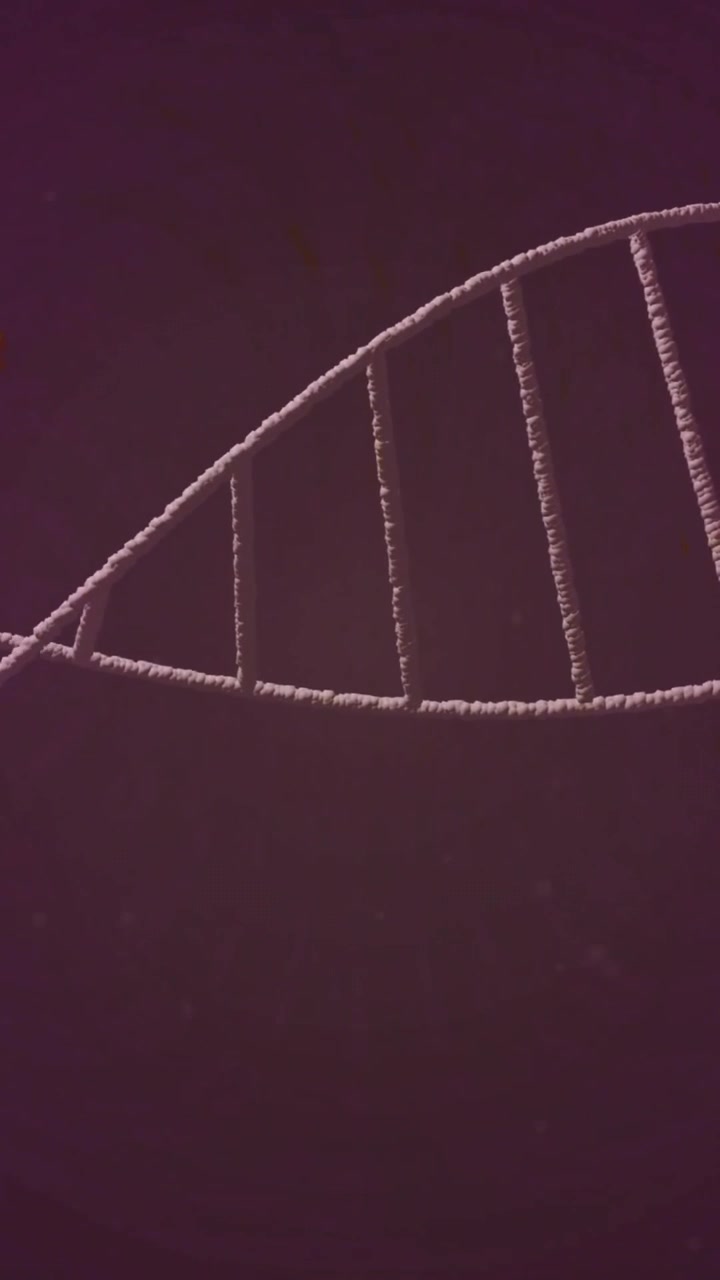 Animazione di filamento di DNA su sfondo viola con forme astratte gialle.