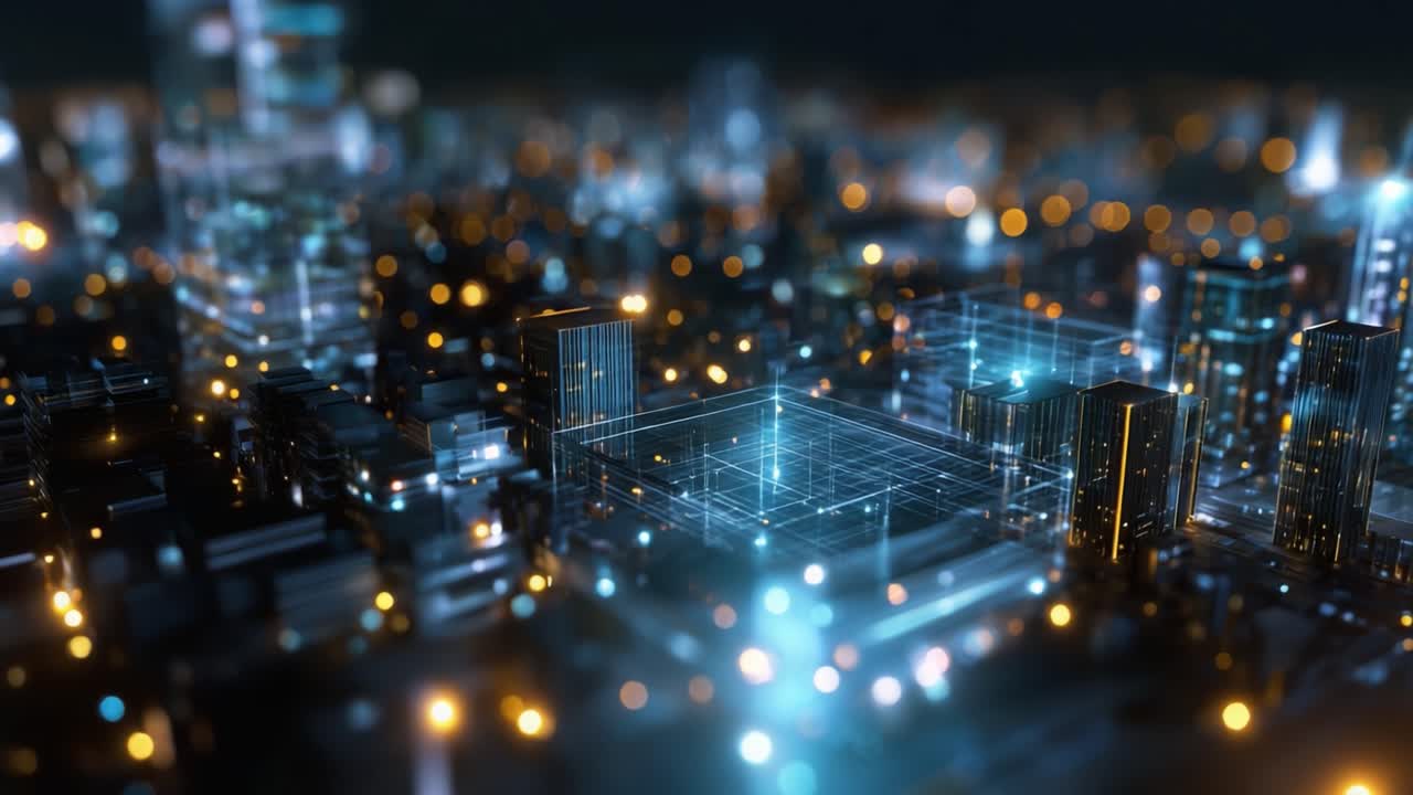 Vista aerea notturna di un paesaggio urbano futuristico, che mette in risalto luci al neon e design architettonico astratto con illuminazione dinamica e colori vivaci