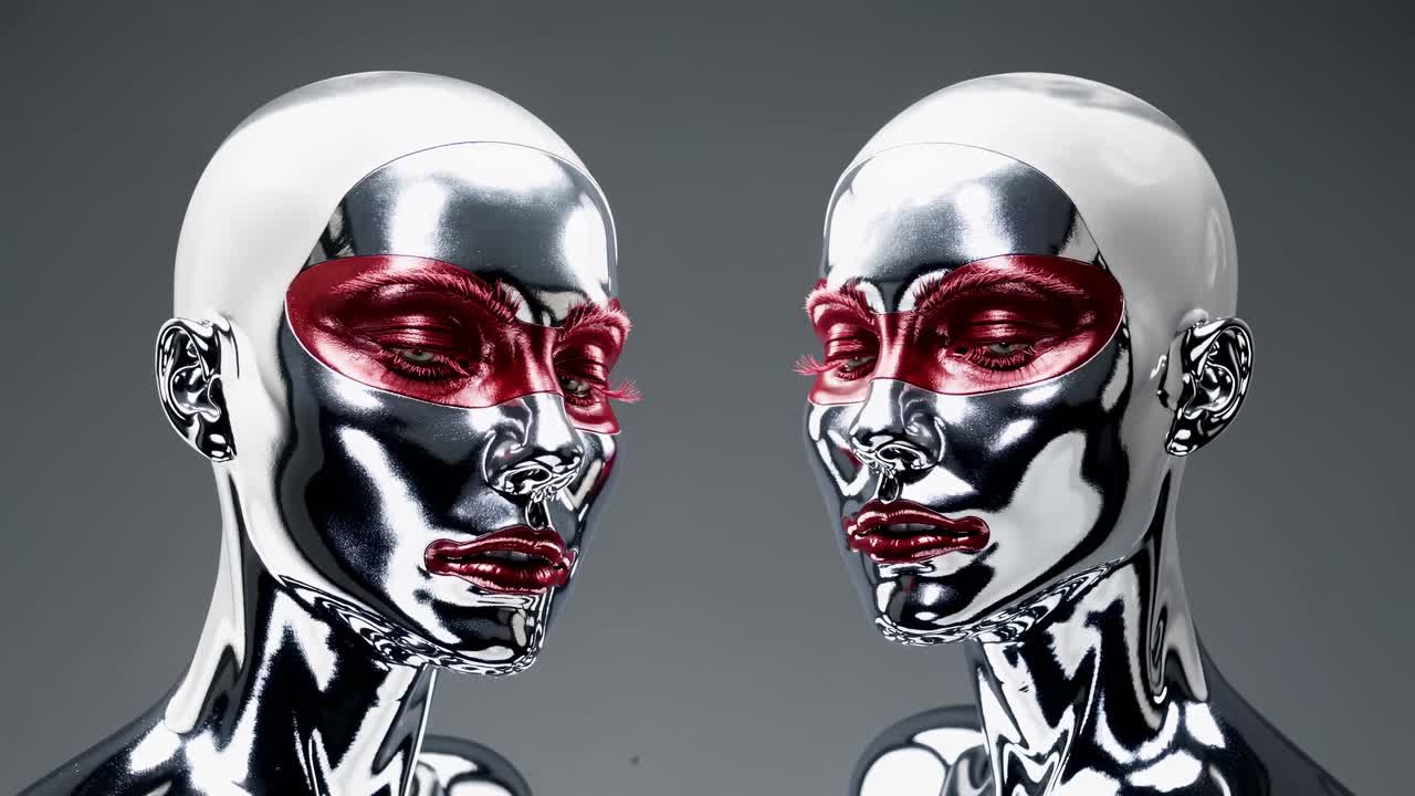 Metallic Robot Heads with Red Makeup