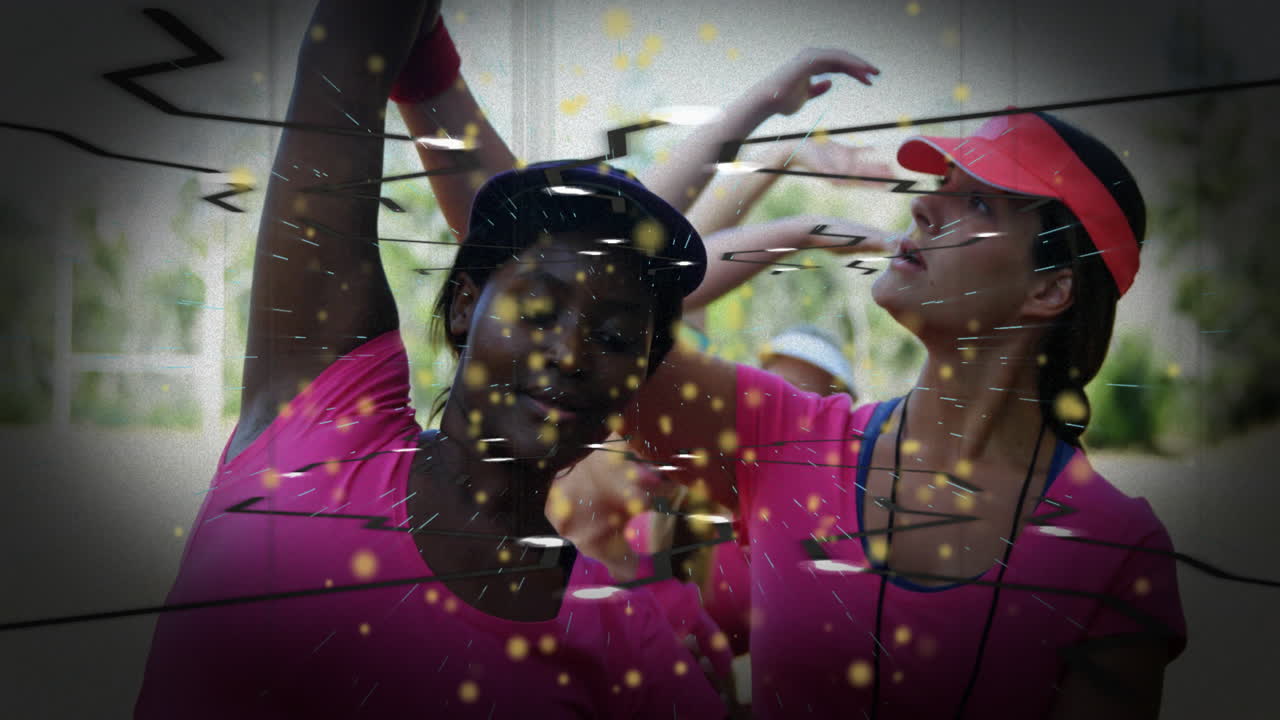 fitness class performing sync arm workout outdoors, featuring glitch effects and floating particles