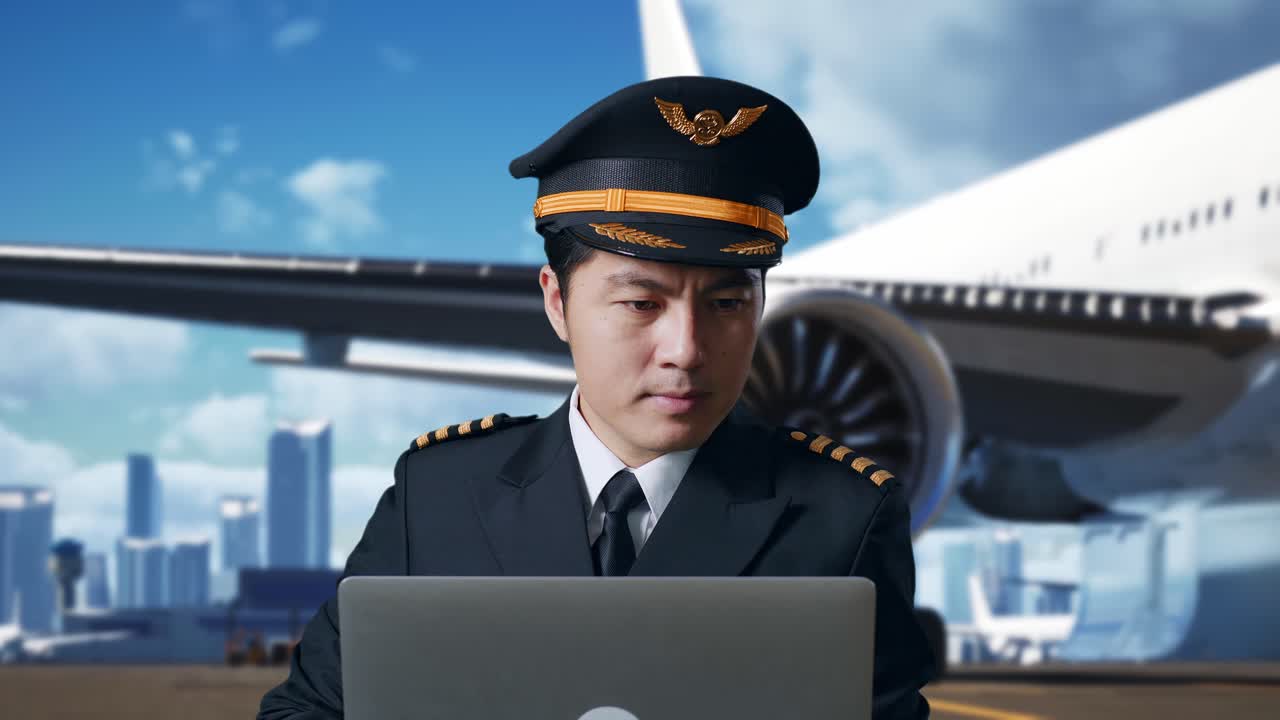 piloto trabajando en una computadora portátil en el aeropuerto
