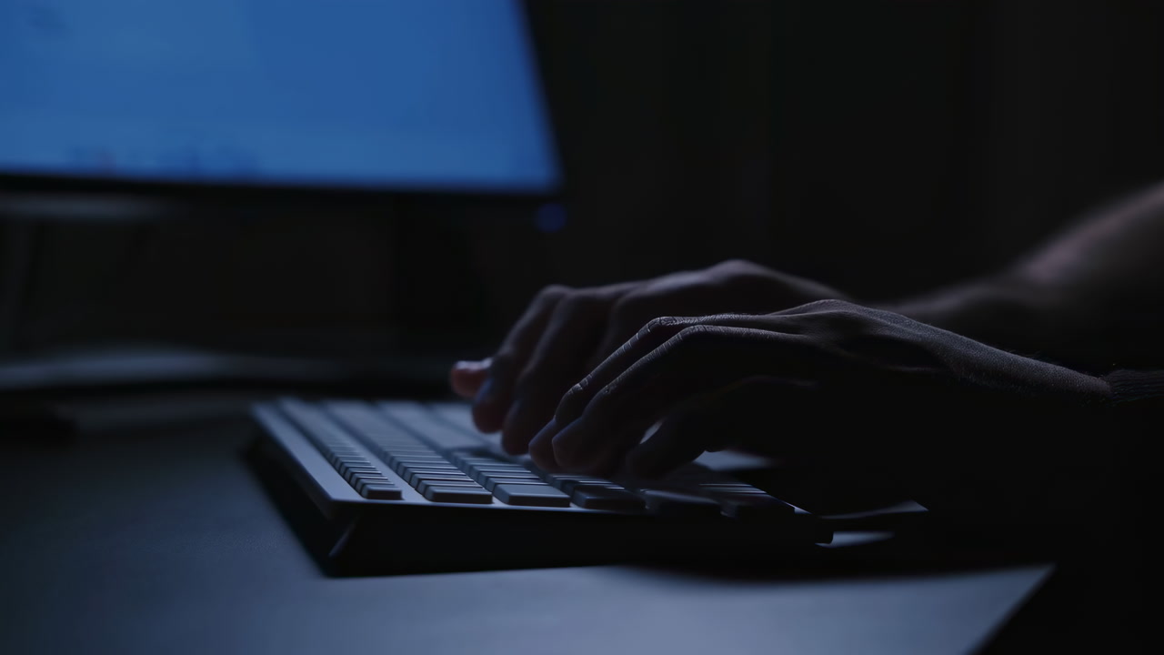 Caucasian Hands Typing On Keyboard In Dimly Lit Room With Blue Backlight, Fingers Move Across Keys