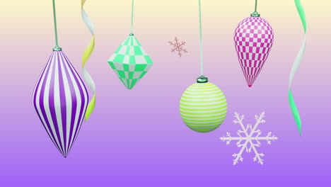 animación de año nuevo y decoraciones de navidad sobre fondo púrpura