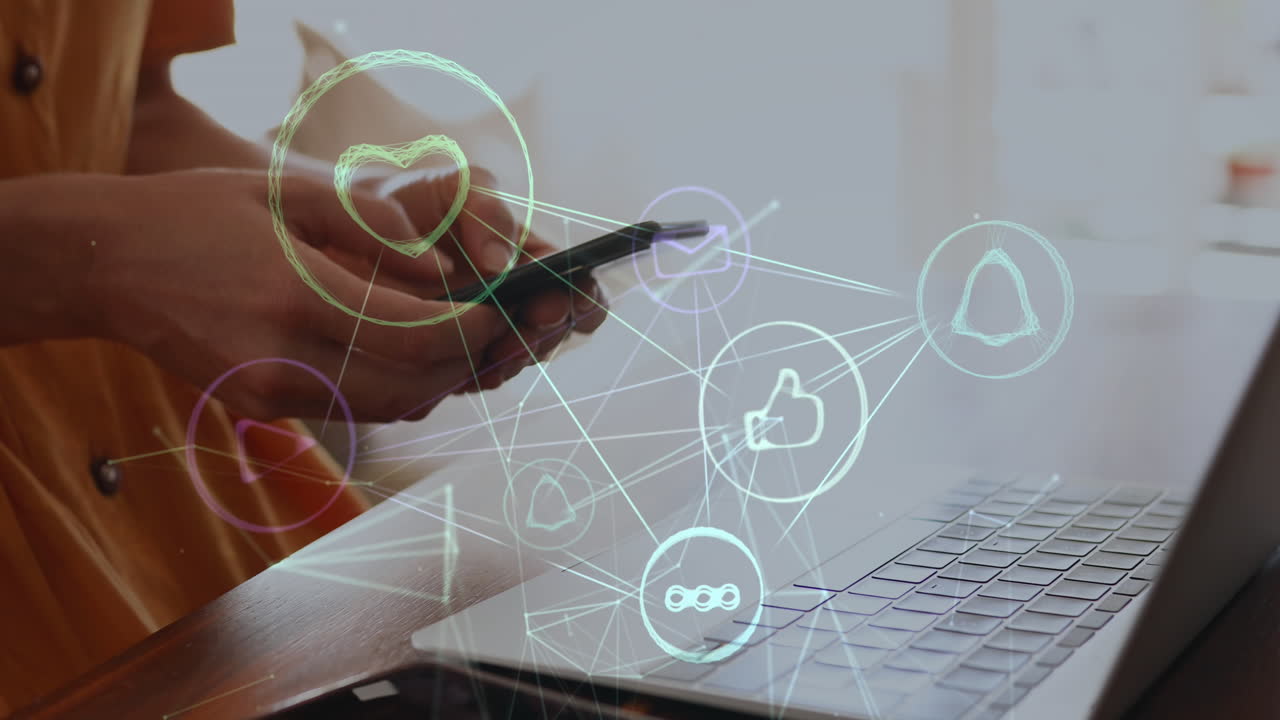animación de una red de conexiones con iconos de los medios sobre una mujer caucásica usando una computadora portátil