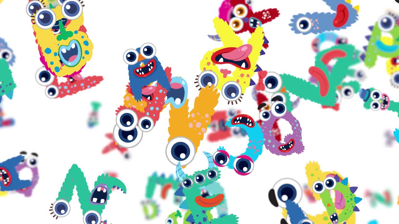 Colorful, fluffy letters with eyes animate energetically against a white background, creating a lively and whimsical atmosphere