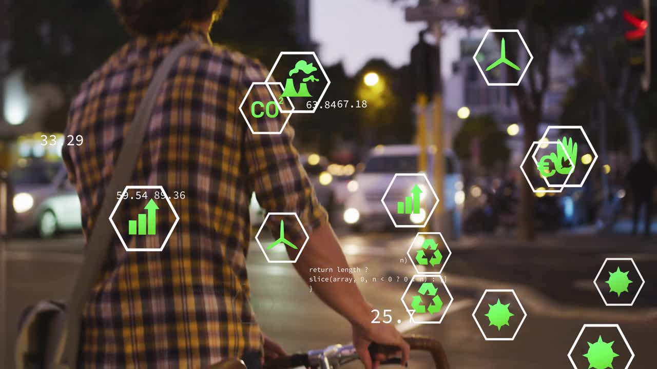 Homem empurrando bicicleta na faixa de pedestres, verificando o tráfego, atravessando enquanto ícones de CO2 se animam ao redor dele