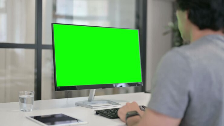 Forretningsmand bruger computer med grøn chroma key-skærm