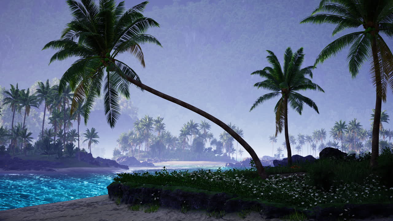 Serene tropical beach with palm trees at dusk featuring vibrant ocean waves