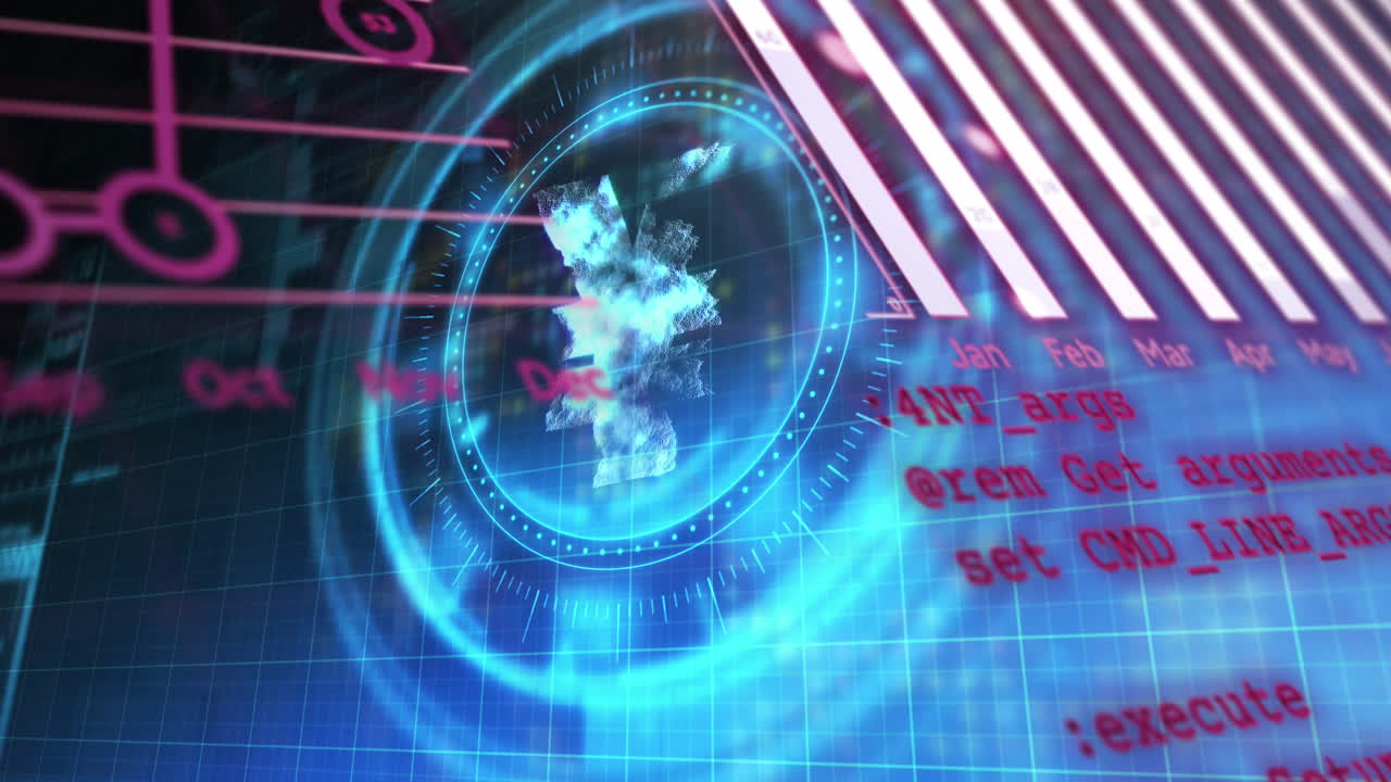 procesamiento de datos estadísticos y símbolo del yen sobre un escáner redondo contra un fondo azul