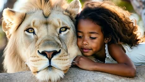 a little girl laying on top of a rock next to a lion