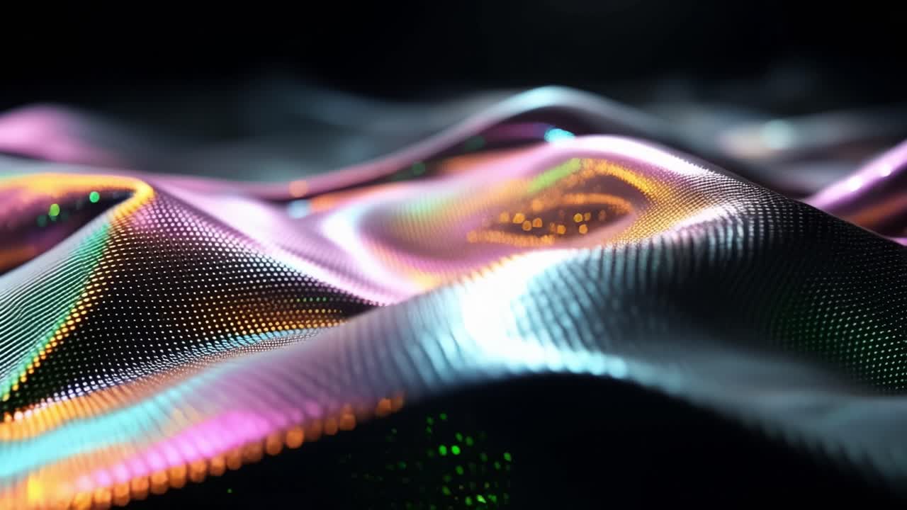 Shimmering fabric waves softly in a dark, atmospheric setting. Colorful reflections shift across its textured surface. Glossy highlights dance with subtle motion against a muted backdrop