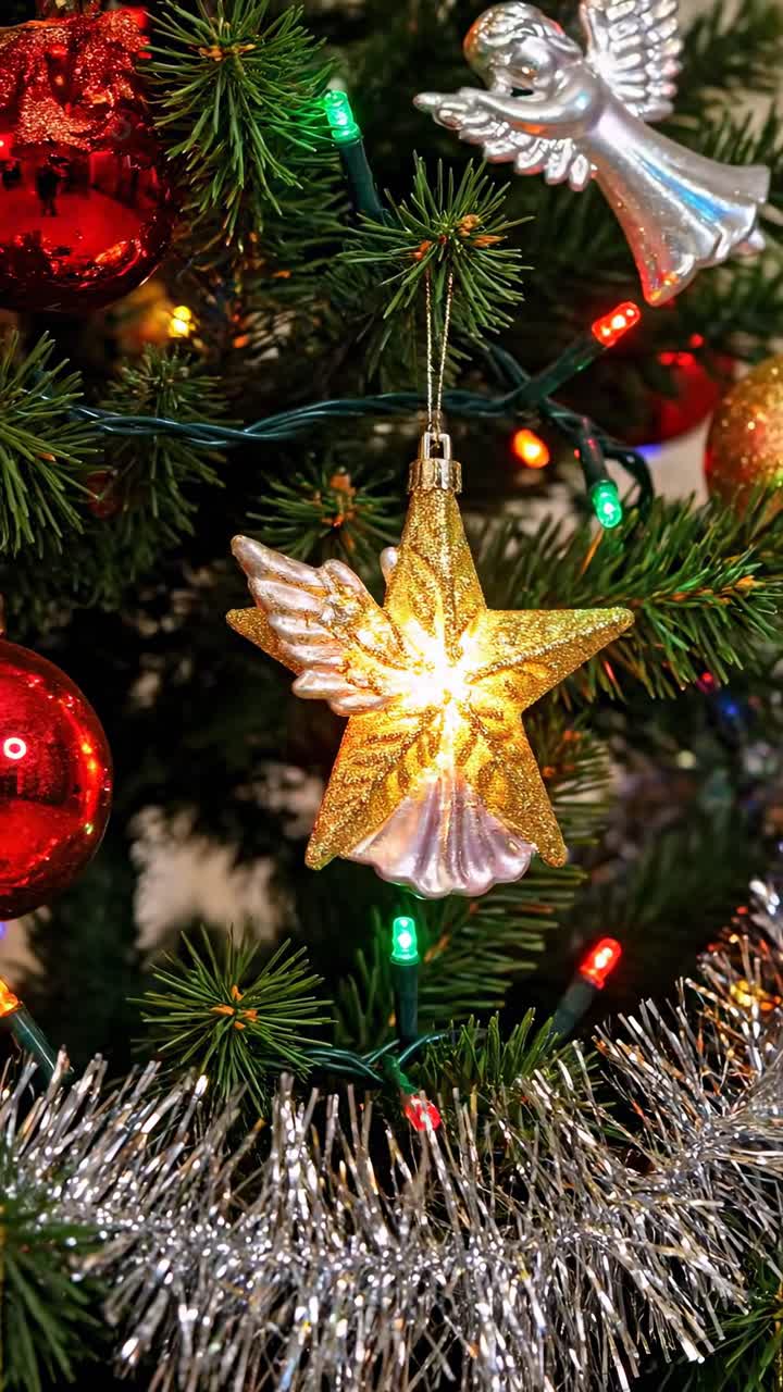 Festive Christmas tree close-up, ornaments and lights, perfect for a holiday video