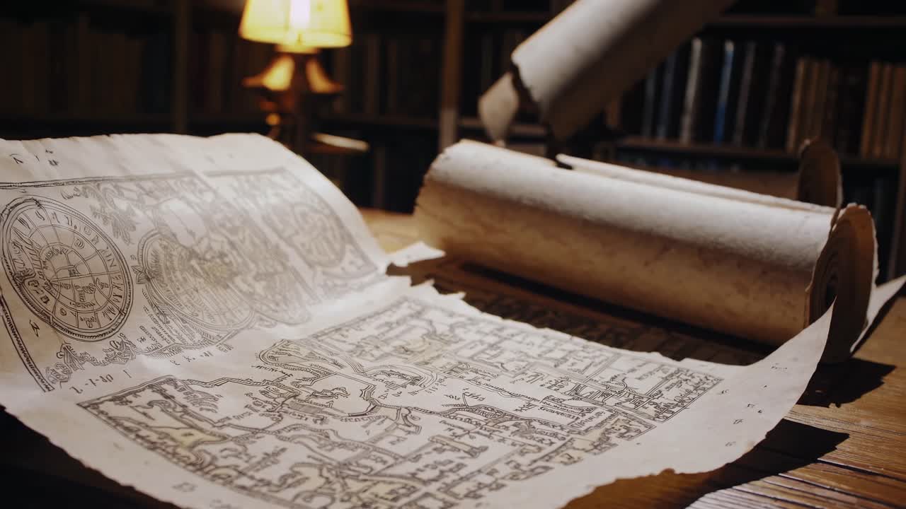 A vintage map and scrolls on a wooden table in a dimly lit library, captured from a low angle