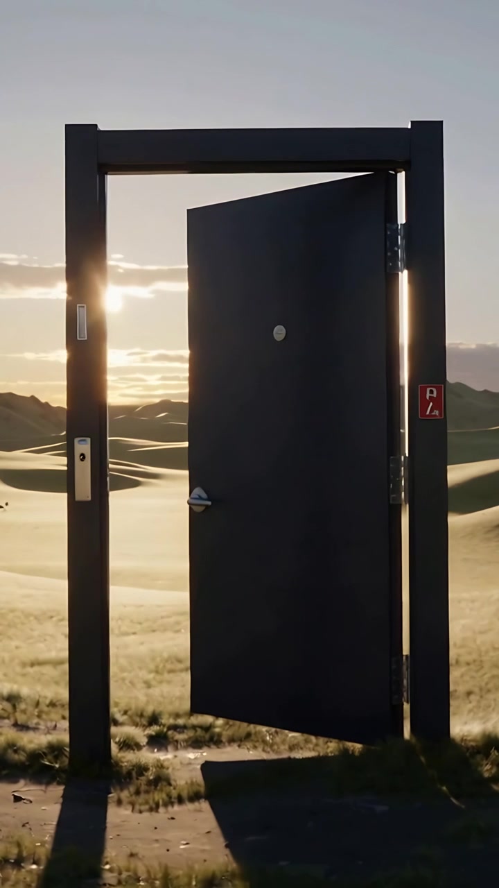 Video verticale: Porta di metallo che si apre oscillando sui cardini tra le dune, spinta dalla brezza, con uno spioncino visibile.