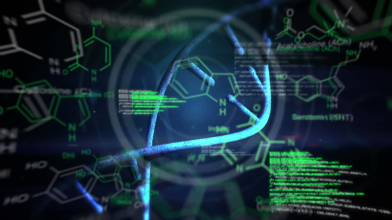 Animation of computer language and dna helix with molecular structure