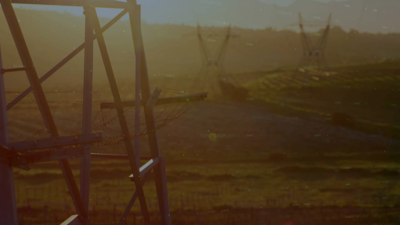 Metal lattice tower anchoring left while magenta path sweeping in, forming 3D energy chart