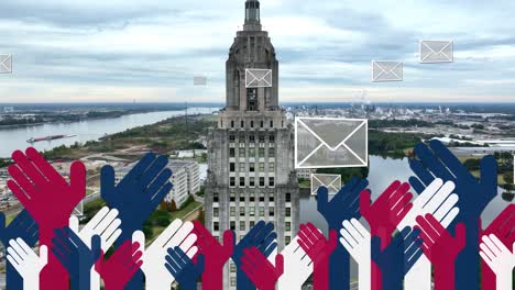 louisiana state capitol building with voting hands and mail in ballot animation