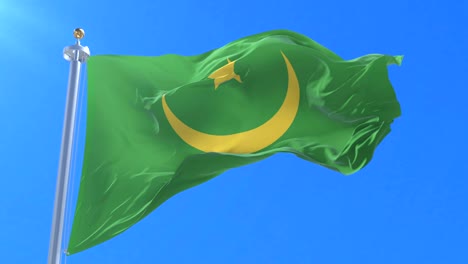 flag of mauritania waving at wind with blue sky in slow, loop