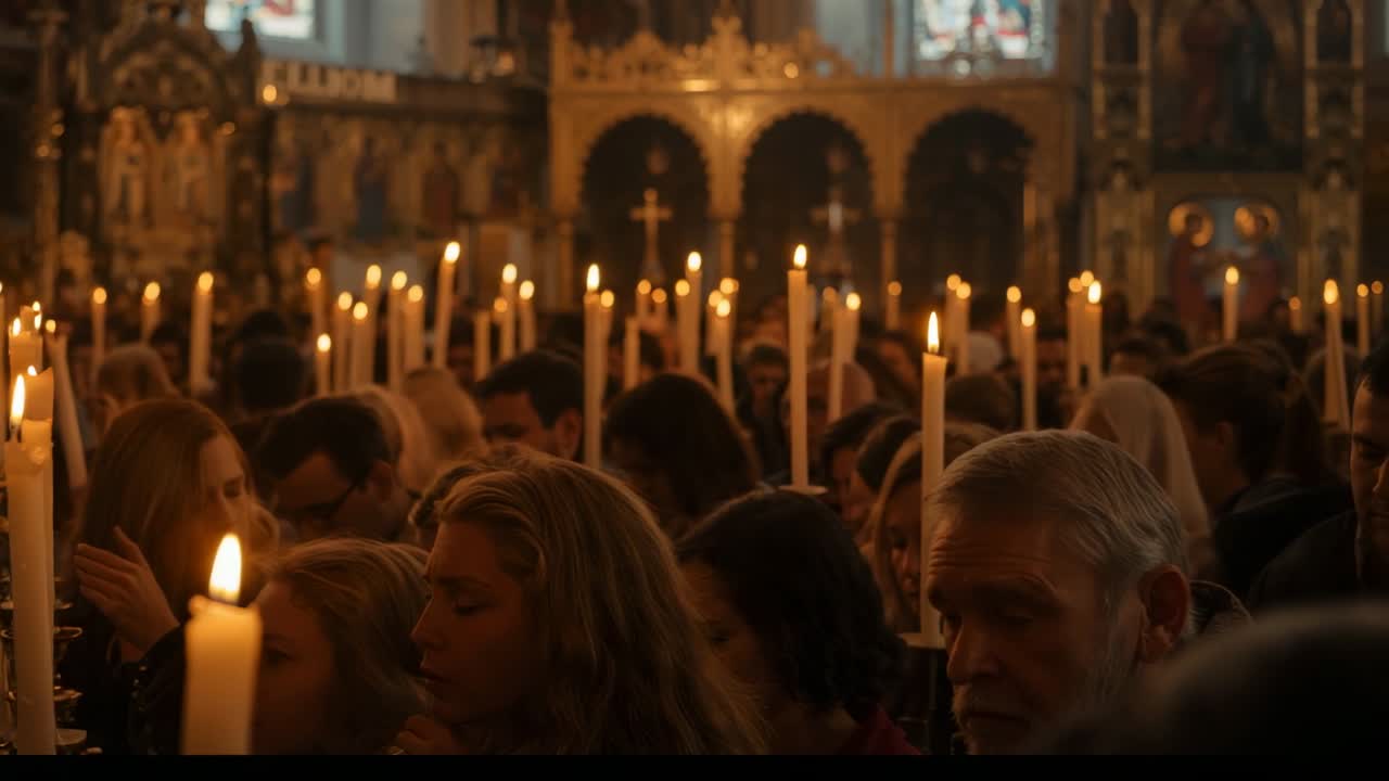 Service starting as congregants holding beeswax candles and praying in church nave with iconostasis