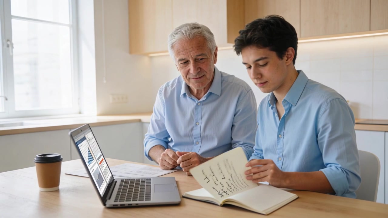 Pointing senior man teaching adult man through laptop and notebook at home kitchen, in blue shirts