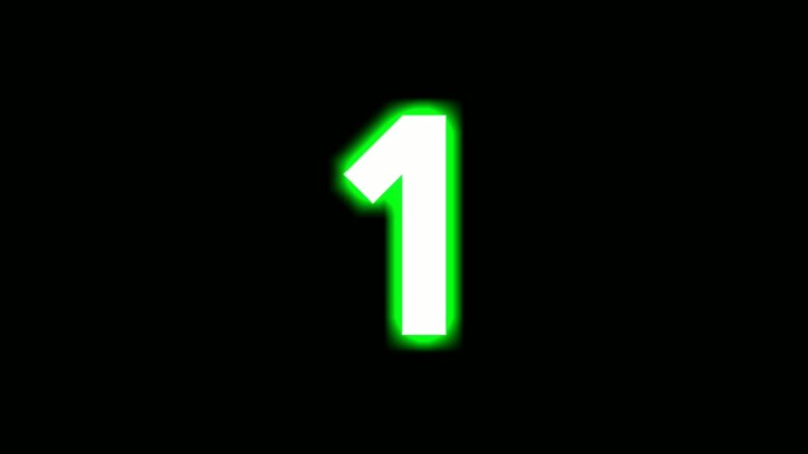 Neon number 1 one sign symbol modern animation motion graphics flicking on black background,green color glowing and shining for video elements