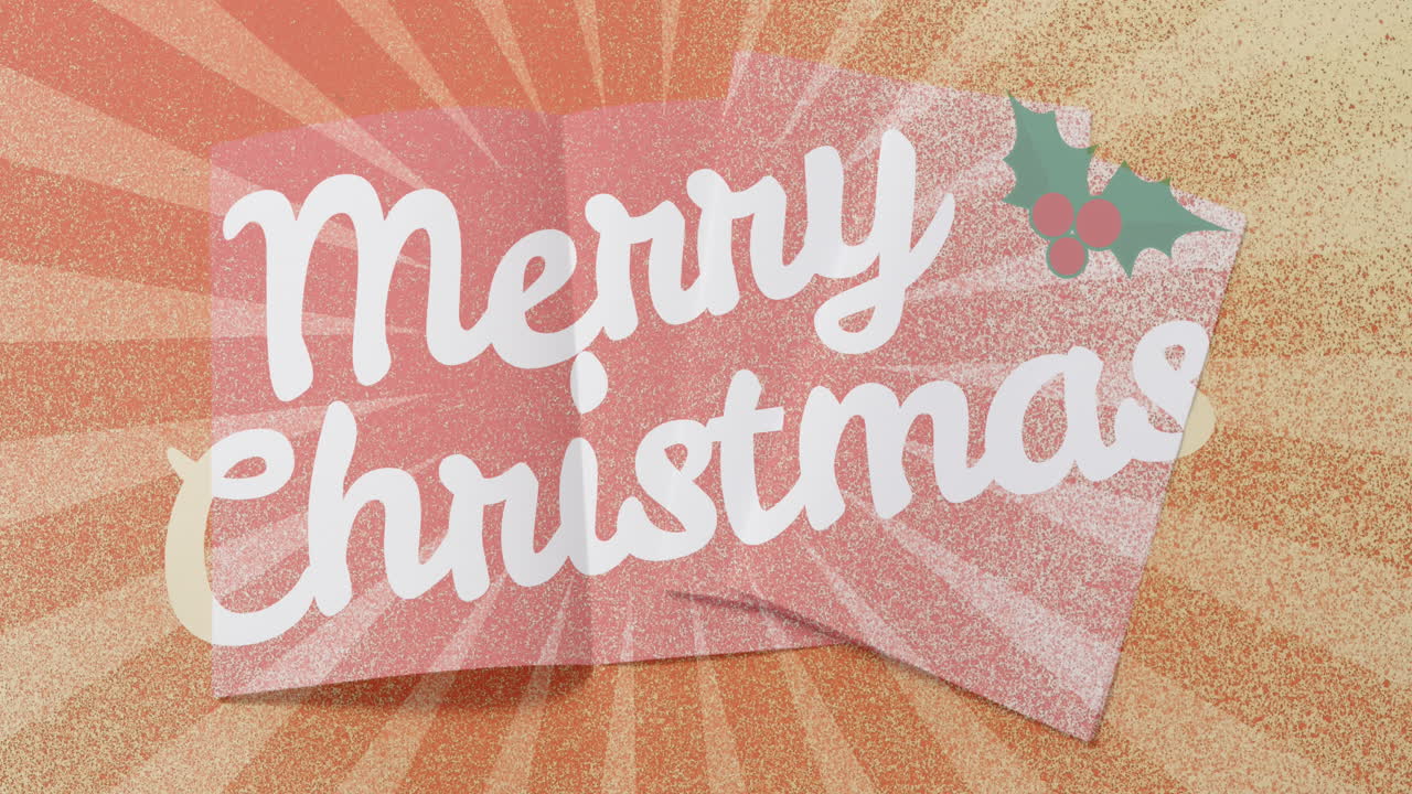 メリー・クリスマス・テキスト・バナーのアニメーション - オレンジ色のラジアル・バックグラウンドの greeting card の上に