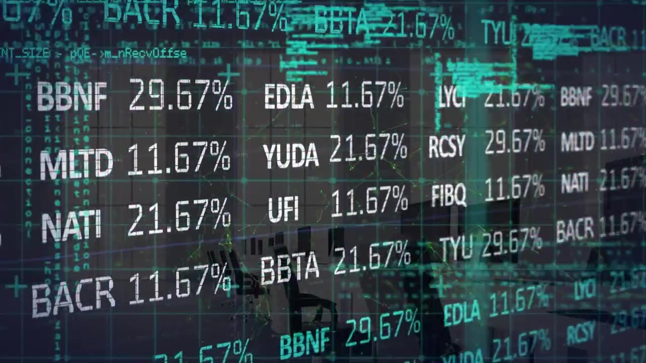 Animation of financial data processing over cityscape