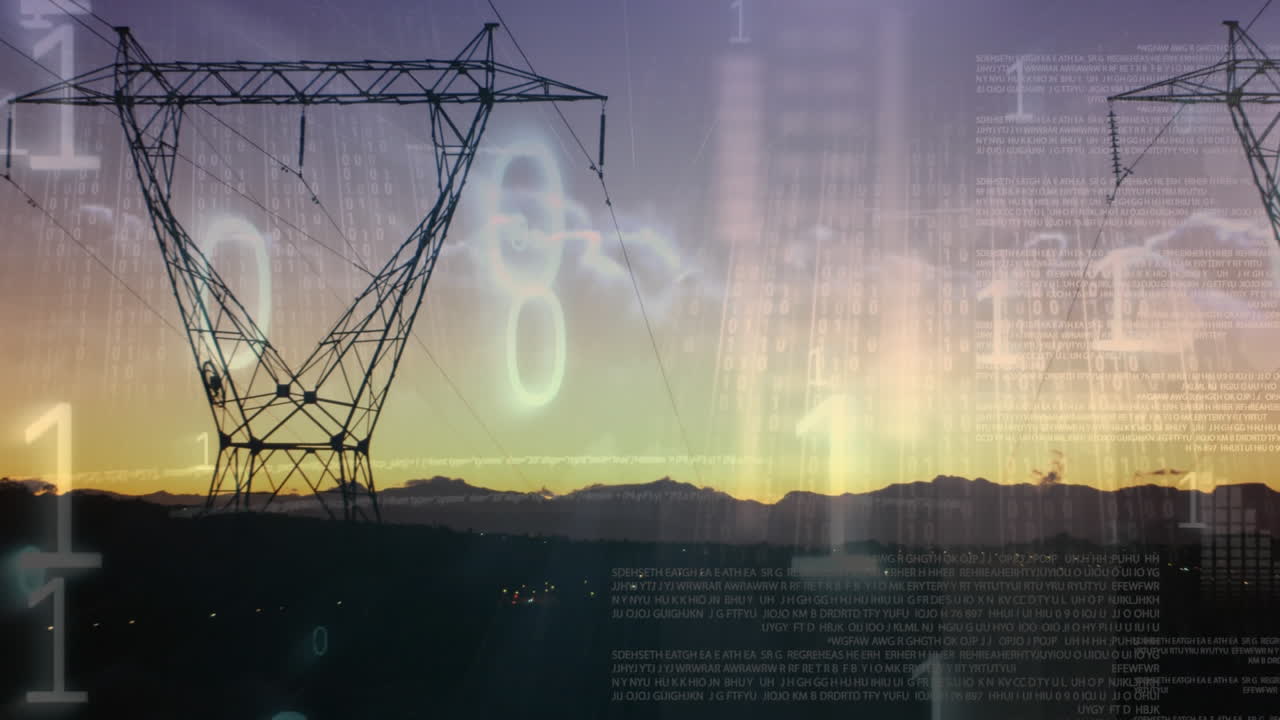анимация обработки данных и двоичного кодирования над ландшафтом с электрическими столбами
