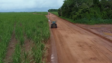 Rising-aerial-drone-shot-following-a-tractor-and-then-a-small-car-down-an-orange-wet-sand-dirt-road-surrounded-by-large-farm-fields-of-sugar-cane-growing-in-Tibau-do-Sul,-Rio-Grande-do-Norte,-Brazil