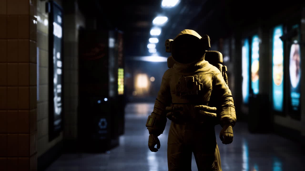Mysterious figure in an astronaut suit in a dimly lit corridor